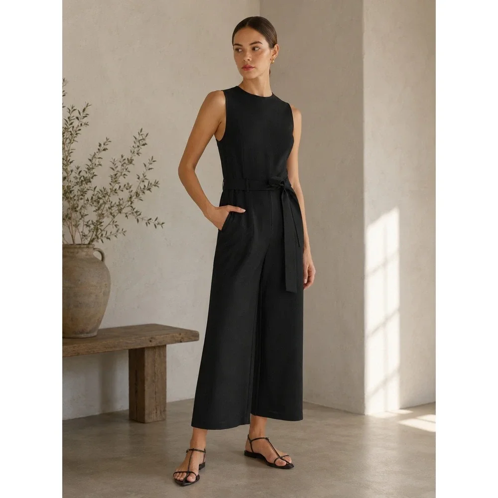 Reformation Black Linen Sleeveless Tie Waist Wide Leg‎ Jumpsuit Womens 12